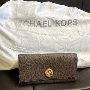 Michael Kors Dark Brown Wallet with Gold Logo!